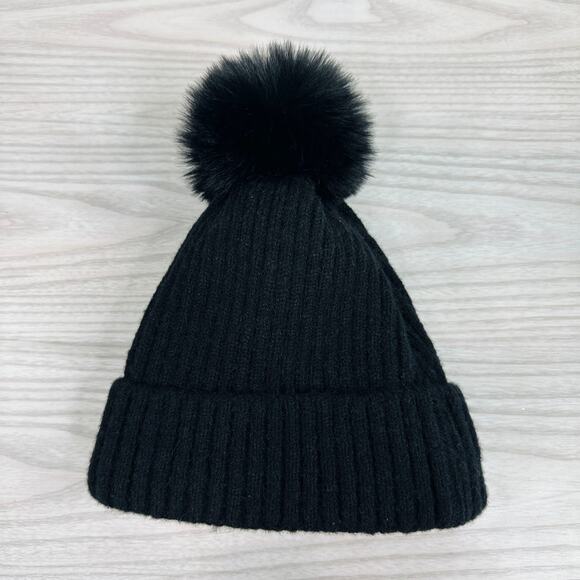 Hat Attack Acrylic Pom Pom Winter Beanie Hat Faux Fur Lined Ribbed Knit Black - Picture 11 of 11